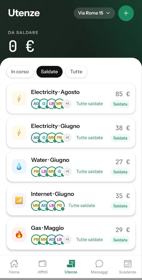 Plinthos — bollette divise tra inquilini, tutte saldate